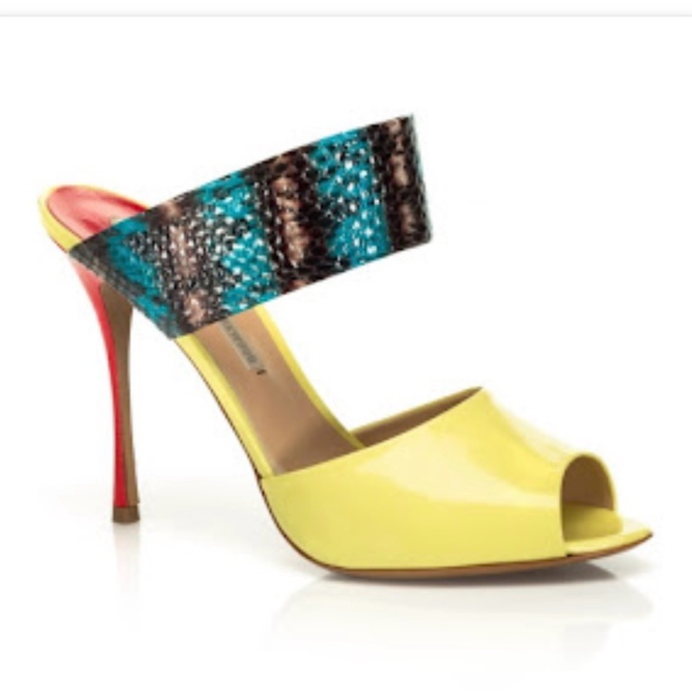 NICHOLAS KIRKWOOD 2013 Butter Yellow & Red Heels w/ Blue & Black Snakeskin Strap